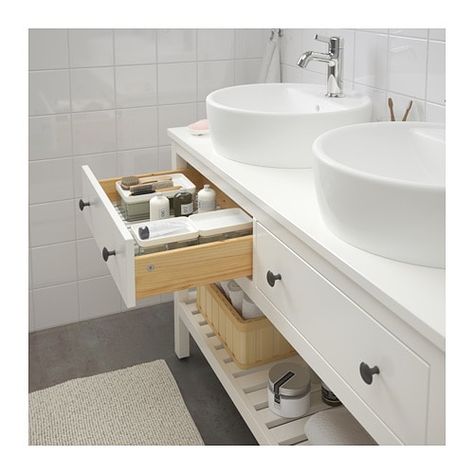 HEMNES Open sink cabinet with 2 drawers IKEA The drawers and open shelf give you plenty of storage space. Ikea Double Sink, Ikea Hemnes Bathroom Shelf, Ikea Sink Cabinet, Rattviken Sink, Godmorgon / Odensvik Bathroom, Hacks Ikea, Ikea Hemnes, Wash Stand, Sink Countertop