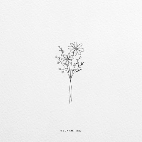 Fineline Tattoo Minimalist, Tiny Flower Tattoos, Wild Bouquet, Hamsa Tattoo, Fineline Tattoo, Bouquet Tattoo, Wildflower Tattoo, Small Flower Tattoos, Daisy Tattoo