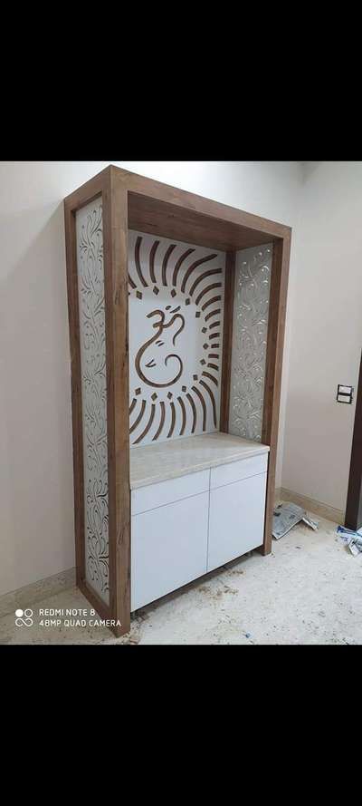 Flooring, Prayer Room, Storage Designs by Contractor farukh saifi, Delhi | Kolo Pooja Room Ideas Indian In Hall, Pooja Room Ideas Indian, Puja Unit, Office Counter Design, Mandir Designs, Puja Ghar, Pooja Unit, Puja Mandir, Wall Partition Design