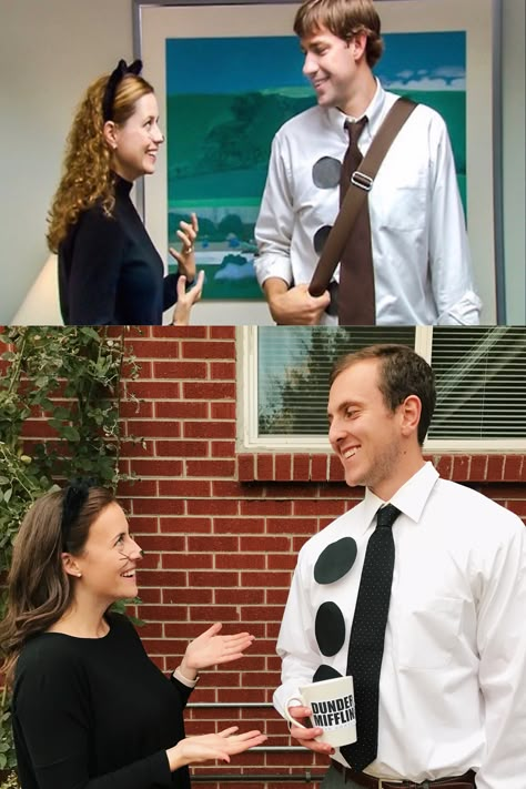 Pam and Jim at Dundee Mifflin Office Halloween party #theoffice #jimandpam #theofficejimandpam #theofficejimandpamhalloweencostume #jimandpamcostume #jimandpamhalloweencostume #theoffice #officehalloween #halloweencostume Couple Halloween Costumes Jim And Pam, The Office Couples Costumes, Jim Halloween Costumes, The Office Themed Halloween Costumes, Pam Cat Costume The Office, Jim And Pan Halloween Costume, Pam The Office Costume, The Office Couple Costume, Costume With Jeans Halloween