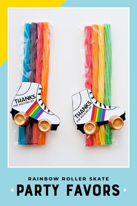 rainbow twizzlers and a roller skate shaped tag with ROLOs as the skate wheels Skating Party Food Ideas, Sweet 16 Skate Party Ideas, Rollerskating Party Decorations, Roller Skate Party Ideas, Roller Skate Party Ideas Girl Birthday, Skating Party Decorations, Rainbow Twizzlers, Roller Rink Birthday Party, Skating Party Favors