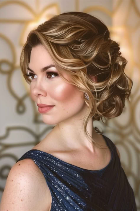 Sculpted chignon, an elegant hairstyle perfect for wedding guests. Short Hair Styles For Wedding Guest, Bridal Party Hairstyles, Hair Styles For Wedding, Long Blonde Curls, Blonde Highlights Ideas, Bride Hair Down, Medium Fine Hair, Mother Of The Groom Hairstyles, Blonde Layered Hair