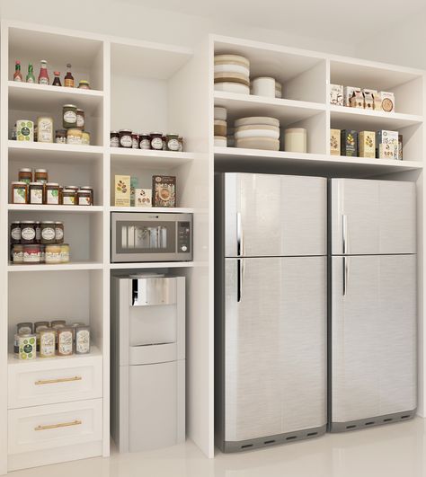 Storage Next To Refrigerator, Second Fridge In Pantry, Freezer And Fridge Side By Side, Walk In Pantry With Freezer And Fridge, Fridge No Cabinet Above, Walk In Pantry With Fridge And Freezer, Pantry Design With Fridge, Pantry With Fridge Inside, Shelves Around Fridge