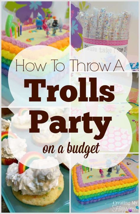 Trolls Party Food, Trolls Birthday Cake, Trolls Cake, Party On A Budget, Party Decoration Ideas, Trolls Party, Trolls Birthday Party, Troll Party, New Year's Eve Party