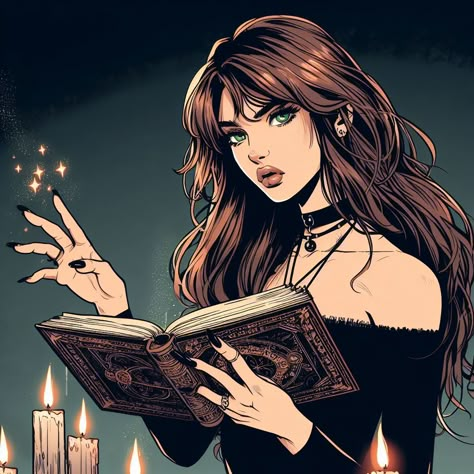 Brunette Witch Art, Witch Book Drawing, Modern Witch Character Art, Witch Oc Character Inspiration, Female Marvel Characters, Female Wizard Character Design, Witch Oc Female, Cartoon Witch, Witch Aesthetic