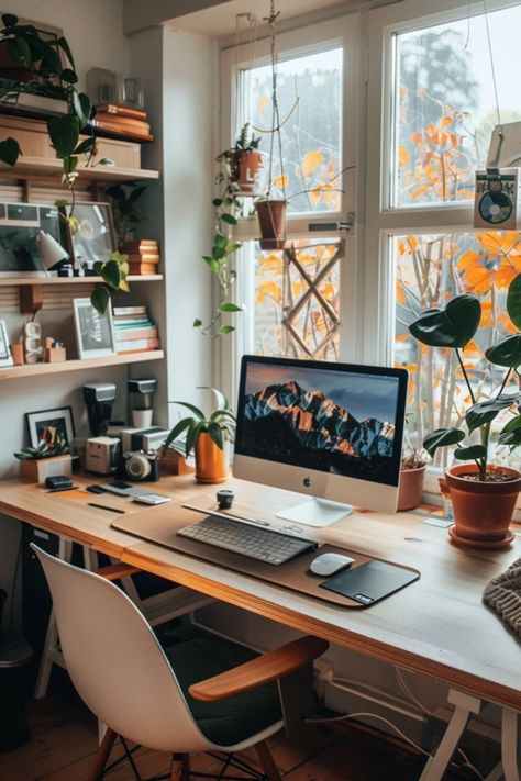 Looking to enhance your productivity? A minimalist home office setup might be exactly what you need! With fewer distractions and a cleaner environment, you can focus better on your tasks. From choosing a simple color palette to selecting multifaceted furniture, there are countless ways to create a workspace that inspires creativity and efficiency. Explore clever storage solutions, go for less clutter, and discover how a streamlined aesthetic can foster a peaceful work atmosphere at home. Transform your office space into a productivity powerhouse! Writers Office Ideas, Home Office Vibes, Productivity Aesthetic Work, Small Home Office With Window, Corporate Office Aesthetic, Cozy Office Space At Home, Desk Set Up, Work Desk Aesthetic, Minimalist Home Office Ideas