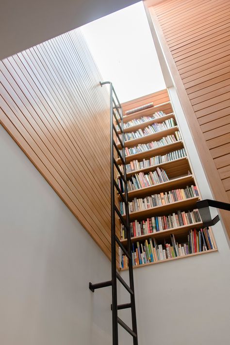 Vertical #bookcase at stair landing #ladder #stairs #hiddenlibrary #top5 Stair Landing Bookcase, Bookcase In Stairs, Staircase Shelf Ideas, Landing Bookcase, Stair Bookcase, Bookshelf Staircase, Modern Storage Ideas, Book Staircase, Stairs Nook