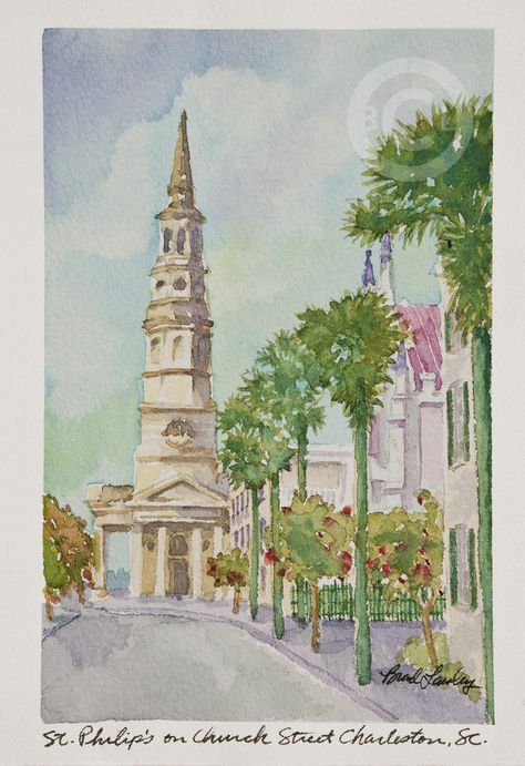 A watercolor of St Philips Church in Charleston, SC. Painting by Brad C. Lawley Charleston Sc Watercolor, Charleston Watercolor Paintings, Charleston Wallpaper, Charleston Poster, Charleston Prints, Charleston Painting, Charleston Watercolor, Dainty Wallpaper, Charleston Summer