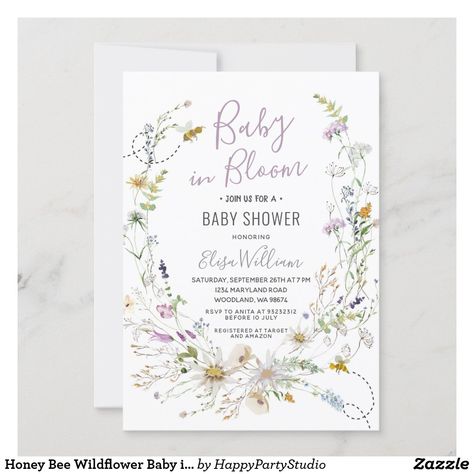 Wildflower Is On The Way, Baby In Bloom Invitation, Bee Invitations, Garden Baby Showers, Baby In Bloom, Gender Party, Baby Shower Thank You Cards, Baby Shower Flowers, Gender Reveal Invitations