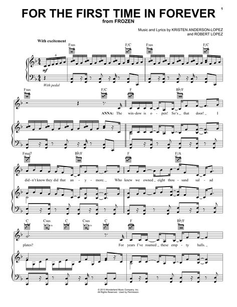 Download Kristen Bell & Idina Menzel For The First Time In Forever (from Disney's Frozen) sheet music notes that was written for Piano, Vocal & Guitar and includes 2 page(s). Printable Disney PDF score is easy to learn to play. Learn more about the conductor of the song and Piano, Vocal & Guitar music notes score you can easily download and has been arranged for. The number (SKU) in the catalogue is Disney and code 122485. The PVG Kristen Bell & Idina Menzel sheet music Minimum required purchase Disney Sheet Music, Frozen Songs, Song Notes, Clarinet Sheet Music, Music Notes Piano, Easy Guitar Songs, Saxophone Sheet Music, Notes Piano, Song Sheet