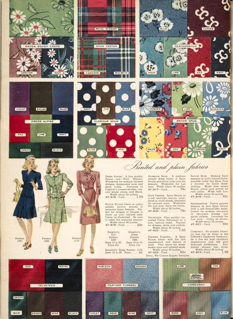 printed and plain fabrics, Simpson's Fall and Winter catalog 1945-46 1940s Fabric Prints, 1940s Fabric, Wwii Fashion, 1940's Fashion, 1940s Style, Contemporary Textiles, Fabric Prints, Retro Fabric, 1940s Fashion