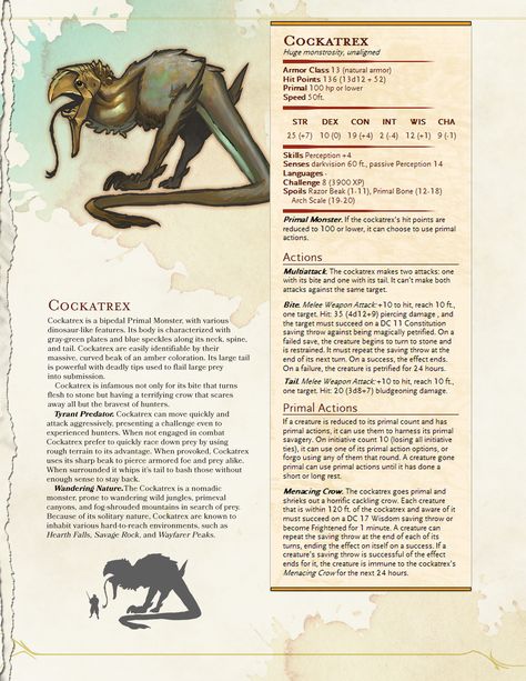 Primal Monster: Cockatrex Homebrew Monsters, Dnd Stats, Dnd Homebrew, Dungeons And Dragons 5e, Dnd Dragons, Dnd 5e Homebrew, D D Monsters, Dungeons And Dragons Game, Monster Cards