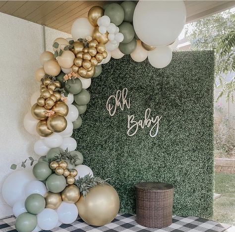 Greenery Wall With Balloon Garland, Boho Gender Reveal Party, Boho Gender Reveal, Gender Reveal Party Ideas, Reveal Party Ideas, Baby Shower Decorations Neutral, Classy Baby Shower, Bear Baby Shower Theme, Babyshower Party