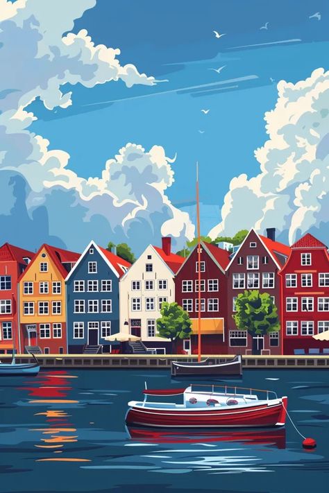 Midjourney AI Image: a digital vector illustration of [typical colorful houses of Kopenhagen, Denmark, at the port, summe... → more in ai-img-gen.com Fantasy Seaside City, Denmark Painting, Denmark Illustration, Seaside Town Art, Seaside Town Illustration, Norway Buildings, Small Sailboats, Blue Backdrops, White Clouds