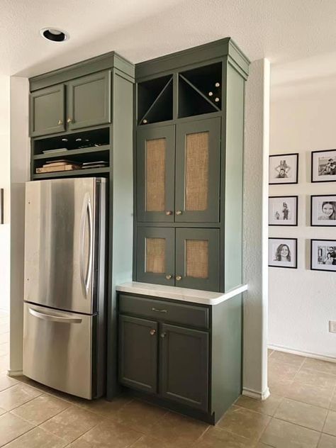 Above Refrigerator Ideas, Cabinets Above Refrigerator, Above Fridge Ideas, Kitchen Hardware Ideas, Above Refrigerator, Above Fridge, Above The Fridge, Gold Kitchen Hardware, Refrigerator Ideas