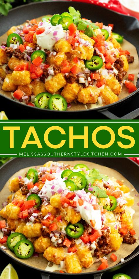 Learn how to make Tachos! This easy Tachos Recipe will become a favorite Cinco De Mayo party food idea. Taste these loaded Tachos that feature crispy tater tots and can be served as yummy spring or summer appetizer! Gator Tot Nachos, Nacho Tater Tots, Potato Nachos Baked, Mexican Tater Tots, Tachos Tater Tots, Baked Tater Tots, Beef Tater Tot Casserole, Tot Recipes, Tot Nachos