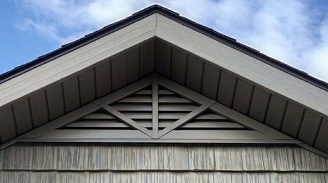 Triangle gable vent with 3 spoke Attic Vents Exterior, Gable Vents On House, Gable Windows Exterior, Gable End Ideas, Addition Above Garage, Bungalow Front Porch, Beach Bungalow Exterior, Attic Vent, House Vents