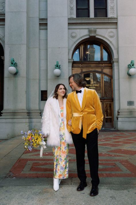 Elopements and City Hall - Sylvie Rosokoff | NYC Photography | Elopements & Author Portraits Interesting Wedding Veils, 60s Elopement Dress, Chic Courthouse Wedding Dress, Civil Ceremony Dress Courthouse Wedding, Courthouse Dress Wedding, Elope Courthouse, City Hall Wedding Dress Short, Casual Courthouse Wedding Outfit, Elopement Veil