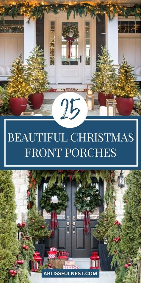 Looking for ways to create a magical welcome this Christmas? Feast your eyes on these 25 beautiful christmas front porches, overflowing with creative ideas to elevate your holiday decor. Whether you prefer a traditional look or a modern twist, there's something here to spark your imagination and make your home shine. #christmasdecor #frontporchgoals #festivevibes Front Steps Christmas Decorations, Christmas Porch Display, Christmas Front Porch With Trees, Christmas Front Porch Pillars, Craftsman Christmas Porch, Vintage Christmas Front Porch, Christmas Farmhouse Front Porch, Christmas Trees Front Porch, Traditional Christmas Porch Decor Ideas