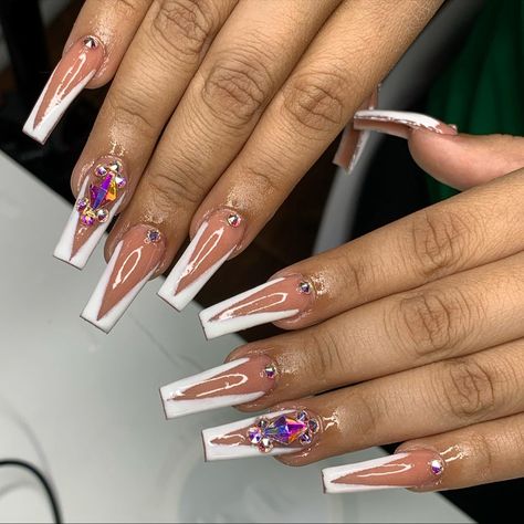 white coffin vtip nails with diamonds . Ig: @acrylicsbyfatima Vtip French Nails Coffin, Vtip French Nails, French Nails Coffin, White Nails With Diamonds, Poly Gel Nails, Chic Manicure, White Coffin Nails, Poly Gel, Nail Art Techniques