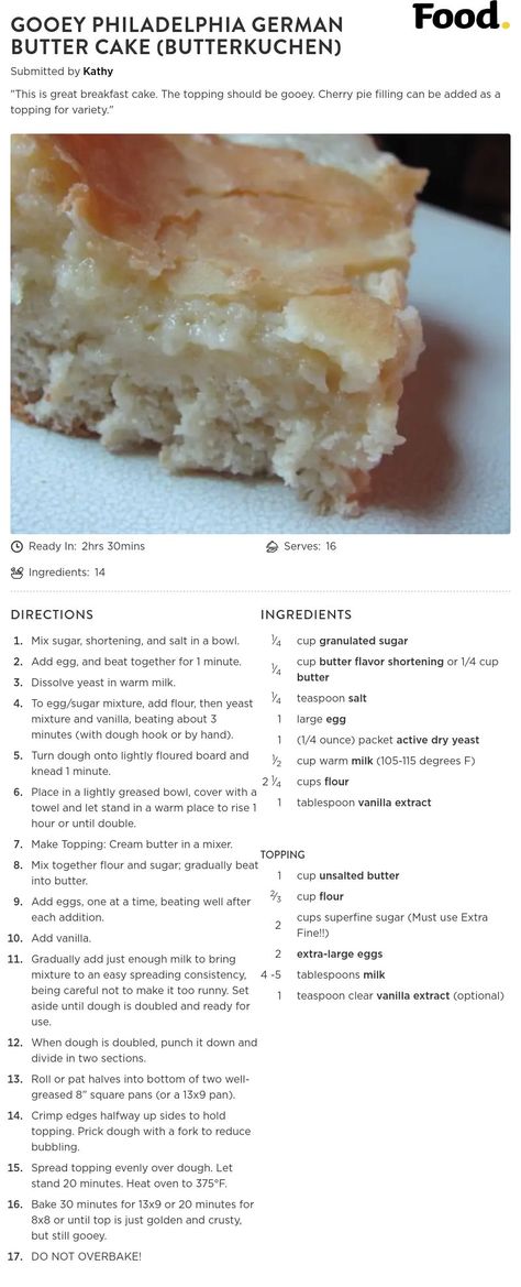 https://www.food.com/recipe/gooey-philadelphia-german-butter-cake-butterkuchen-24308/as-image? Philadelphia Butter Cake Recipe, German Butter Cake, Gooey Butter Cake, Butter Cake Recipe, Cherry Pie Filling, Breakfast Cake, Butter Cake, Cherry Pie, Pie Filling