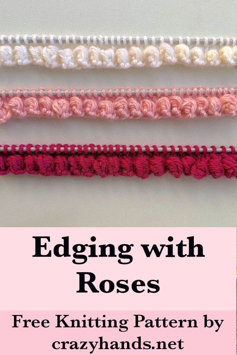 Learn how to knit a roses-like edging (border) that can be used to decorate sleeve cuffs, blankets, kitchen towels, and more. #decorknitting #knitdecor #knitedge #knitedging #knitborder #knittingpattern #knitpattern #knitting #knit #howtoknit Free Knitting Border Patterns, Knitting Blanket Border, Knitting Edges And Borders Pattern, Knit Blanket Border, Knitted Edges And Borders, Knitting Edges And Borders, Knitting Borders, Knitted Edging, Knit Borders