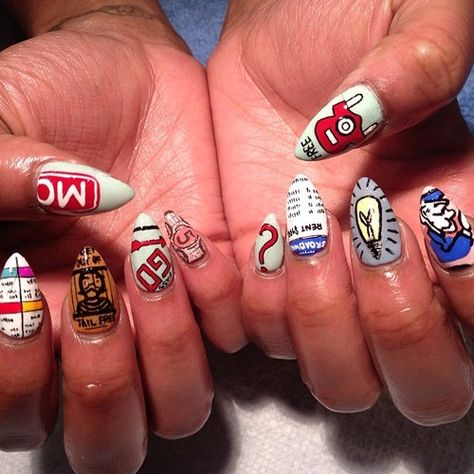 Monopoly Nails Board Game Nails, Monopoly Nails, Monopoly Theme, Collab Ideas, Tumblr Nail Art, Love Nail Art, Monopoly Man, 2024 Nails, I Wait