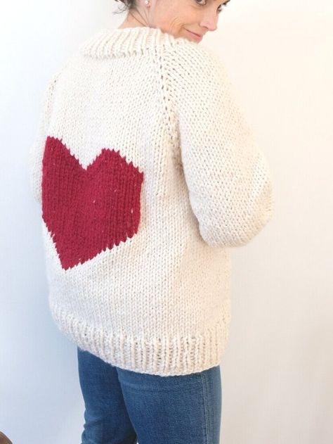 Big Heart Cardigan Sweater Knitting Pattern — Ashley Lillis Bulky Yarn Patterns, Yarn Heart, Heart Jumper, Cardigan Sweater Pattern, Bulky Knit, Short Sleeve Sweater Cardigan, Heart Cardigan, Knit Cardigan Pattern, Sweater Knitting Pattern