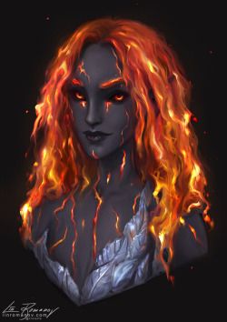 My favorite creepy fantasy art Lava Skin Character, Lava Hair Art, Fire Person Art, Lava Hair Drawing, Fire Genasi Barbarian, Fire Elemental Female, Fire Hair Art, Fire Elemental Male, Lava Cracks