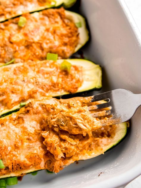 Buffalo Chicken Zucchini Boats - The Oregon Dietitian Zucchini Boats Healthy, Buffalo Chicken Zucchini Boats, Buffalo Chicken Zucchini, Use Up Zucchini, Chicken Squash, Healthy Buffalo Chicken Dip, Zucchini Boat Recipes, Zucchini Bites, Homemade Ranch Seasoning