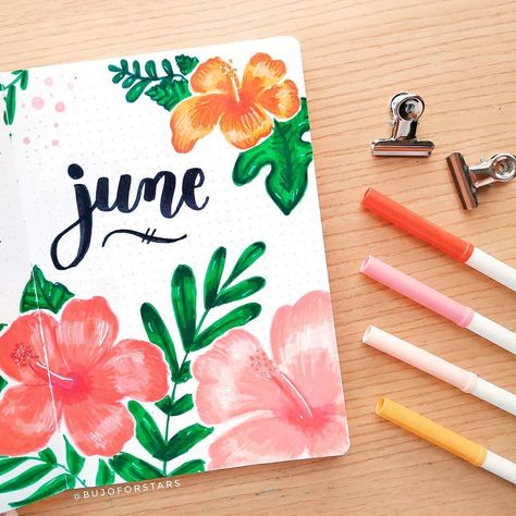 Bullet Journal | Estrella on Instagram: “June theme🌺✨ . It was high time I did a flower theme. I thought that hibiscus was the perfect choice since I always think of Hawaii and…” Watercolour Hibiscus, Book Cover Page Design, May Bullet Journal, Hawaii Theme, Black Lives Matter Art, Bullet Journal Cover Page, Bullet Planner, Project Work, Cool School Supplies