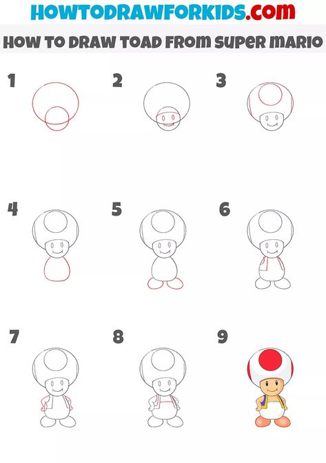 How to Draw Toad from Super Mario - Drawing Tutorial For Kids Drawing Mario Bros, Mario Colored Pencil Drawing, How To Draw Mario Bros, How To Draw Toad Step By Step, How To Draw Super Mario Step By Step, How To Draw Toad From Mario, How To Draw Luigi Step By Step, Super Mario Doodles, Toad Art Mario