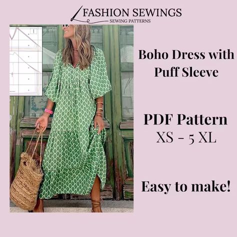 Long Dress Pattern, Patchwork Dress Pattern, Boho Dress Pattern, Boho Long Dress, Puffy Sleeve Dress, Long Dress Patterns, Plus Size Sewing Patterns, Plus Size Patterns, Plus Size Sewing