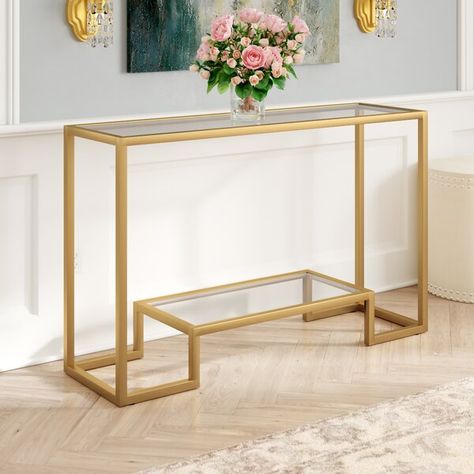 Mercer41 Imel Console Table & Reviews | Wayfair Entryway Table Modern, Console Table Modern, Gold Console Table, Entrance Table, Narrow Console Table, Glass Console Table, Tempered Glass Shelves, Modern Console Tables, Hallway Table