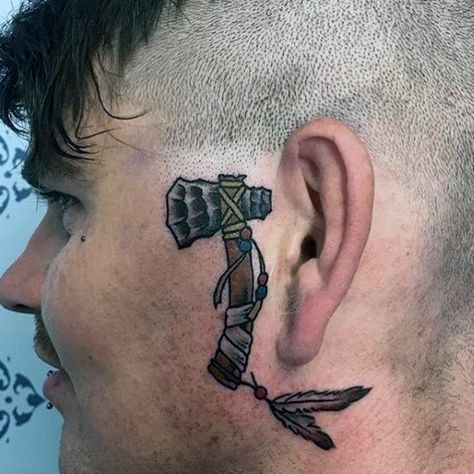 70 Tomahawk Tattoo Designs For Men - American Indian Axe Ideas Tomahawk Tattoo, Native American Tattoo Symbols, Tattoo American Traditional, Native American Tattoo, Sibling Tattoos, Face Tattoos, Head Tattoos, Face Tattoo, Symbolic Tattoos