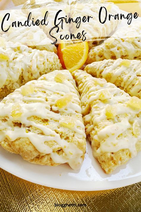 These Candied Ginger Orange Scones are tender, buttery, and filled with crystalized ginger and fresh orange zest - perfect to enjoy with your coffee or tea. via @blogghetti Gf Scones, Ginger Scones, Crystalized Ginger, Orange Scones Recipe, Scone Recipes, Orange Scones, Chocolate Pairings, Orange Glaze, Candied Ginger