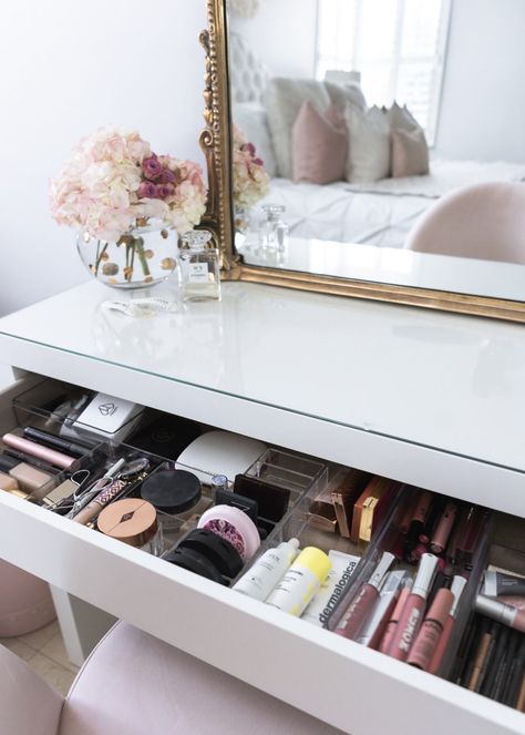 I am super excited to share my new beauty situation with you all today!! I had been wanting to upgrade my vanity for quite some time. How To Arrange Dressing Table, Dressing Table Drawers, Table In Bedroom, Ikea Dressing Table, Ikea Malm Dressing Table, Makeup Vanity Ideas Bedrooms, Malm Dressing Table, Dressing Table Organisation, Dressing Table Decor