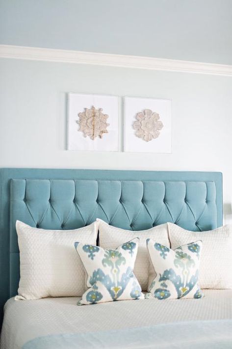 Blue velvet Headboard with Yellow and Blue Ikat Pillows - Transitional - Bedroom Headboard Design Ideas, Blue Bed Pillows, White And Pink Bedding, White Quilt Bedding, Blue Upholstered Headboard, Blue Velvet Headboard, Velvet Tufted Headboard, Ivory Bedding, Headboard Bedroom