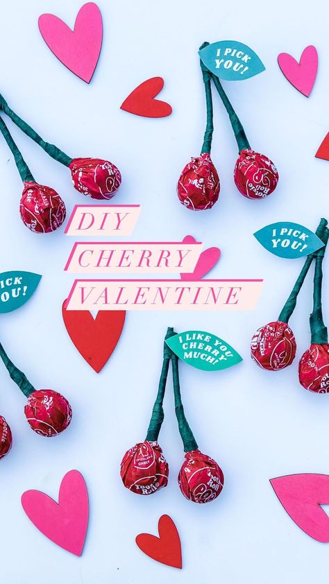 The cutest DIY Cherry Valentines 🍒 Supplies Red tootsie pops (2 per cherry) Floral tape Premade cherry leaves (see link below for… | Instagram Cherry Valentine, Cherry Leaves, Tootsie Pops, Cherry Leaf, Tootsie Pop, Paper Glue, Floral Tape, Green Paper, Love Days