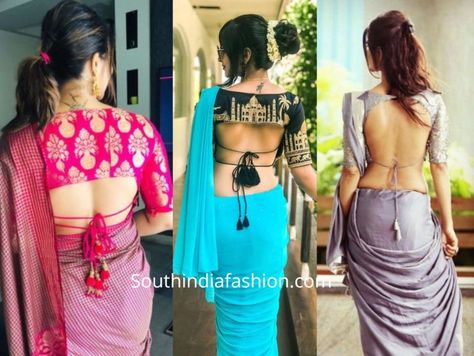 Tie Cord Saree Blouse Designs 8 Back Knot Blouse Designs, Blouse Designs Backless, Blouse Design For Silk Saree, Palm Mehndi, Latest Saree Blouse, Designs Blouse, Blouse Back Neck, Model Blouse, Blouses Designs