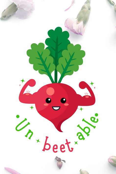 funny "Un-beet-able" design features a quirky and cute beetroot with muscles and adorable kawaii eyes, complete with a big, friendly smile. Its perfect for those who are proud to embrace the vegan lifestyle and want to showcase their passion for punny veggie It's a great conversation starter and an ideal gift for friends and family who share your love for puns and vegan lovers #beet #vegan power Salad Puns, Draw Quotes, Vegan Puns, Kawaii Eyes, Veggie Puns, Vegetable Puns, Food Characters, Funny Vegetables, Fancy Scarf