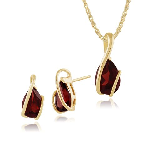 Gemondo 9ct Yellow Gold Garnet Wrapped Pear Stud Earrings and 45cm Necklace Set Single Stone Earrings Gold, Single Stone Earrings, 45cm Necklace, Stone Earrings Gold, Shiny Rings, Earrings Pendant, Yellow Gold Setting, Single Stone, Stone Studs