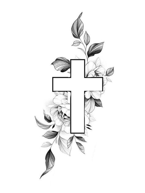 Floral Cross Tattoos For Women, Cross Tattoo Stencil, Tattoo Designs Cross, Floral Cross Tattoo, Crucifix Tattoo, Tattoos Cross, Unique Cross Tattoos, Flower Shoulder Tattoo, Verse Tattoos