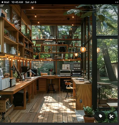 Workshop Space Design, Two Desks, Large Glass Windows, Design With Nature, Artist Workspace, Serene Garden, Garden Workshops, Art Studio Design, Home Greenhouse