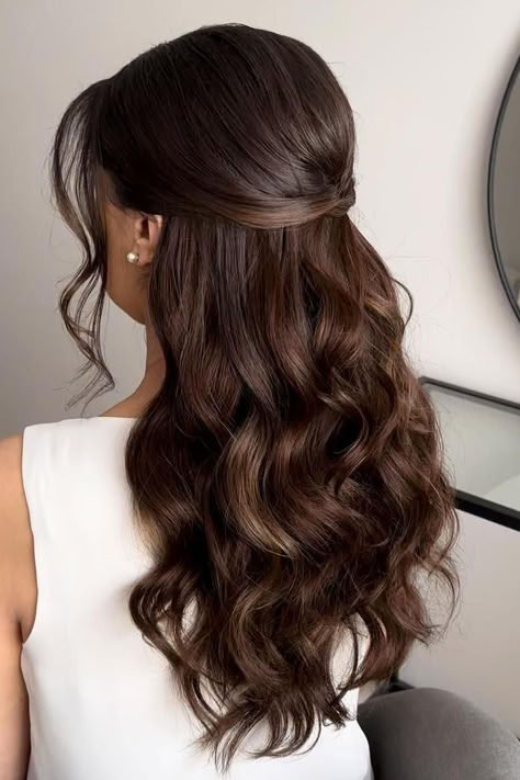 Cascading waves of espresso brown hair styled in a luxurious half-up twist, exuding elegance and sophistication. // Photo Credit: Instagram @d__hairstylist Bridal Hair Down Brown, Classy Bridal Hair Half Up, Wedding Hair For Off Shoulder Dress, Medium Length Hair Styles Formal, Graduation Hairstyles With Cap Curls, Half Up Curled Hairstyles, Half Up Half Down Front View, 8th Grade Prom Hairstyles, Half Up Half Down Hair Side Part