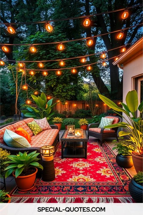 outdoor patio decorating ideas Outdoor Patio Decorating Ideas, Patios And Decks, Bohemian Patio, Vaulted Ceiling Living Room, Colorful Patio, Colorful Planters, Outdoor Patio Ideas, Garden Shower, Garden Rooms