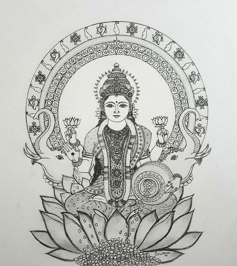 Lakshmi Devi Drawing Pencil, Lakshmi Devi Mandala Art, Laxmi Goddess Mandala Art, Laxmi Mata Sketch, Maa Lakshmi Drawing, Laxmi Mandala Art, Lakshmi Drawing Art, Indian God Sketches Pencil, Lakshmi Devi Paintings