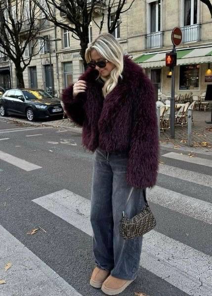 Burgundy Fur Jacket Outfit, Burgundy Fur Coat Outfit, Burgundy Coat Outfit Winter, Burgundy Fur Coat, Burgundy Jacket Outfit, Burgundy Faux Fur Coat, Purple Fur Coat, Fur Coat Outfits, Faux Fur Coats Outfit