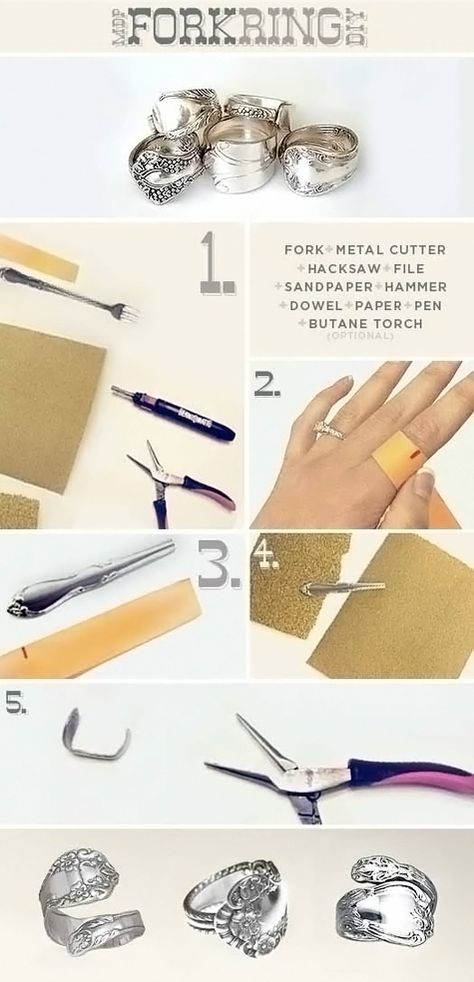 Diy Rings Tutorial, Moissanite Engagement Ring Gold, Rings Tutorial, Spoon Jewelry Diy, Fork Ring, Silver Spoon Jewelry, Bracelet Message, Fork Jewelry, Jewelry Making Rings