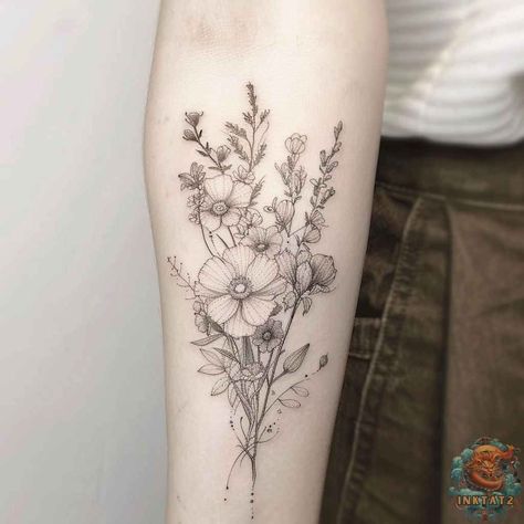 [PaidAd] Explore The Delicate Charm Of A Fine Line Flower Bouquet Tattoo, Artfully Inked With A Variety Of Wildflowers. This Elegant Design Captures The Essence Of Natural Beauty On The Skin, Making It A Perfect Choice For A Birth Month Flower Tattoo Bouquet. Get Inspired And See More Graceful Designs At Inktat2.Com. #flowerbouquettattoo Fine Line Tattoo Ideas Birth Flowers, Flower Bicep Tattoo, Birth Flower Arm Wrap Tattoo, Flower Bouquet Tattoo Drawing, Birth Month Bouquet Tattoo, Fine Line Floral Bouquet Tattoo, Bouquet Fine Line Tattoo, Wild Flower Bouquet Tattoo, Line Work Flower Bouquet Tattoo